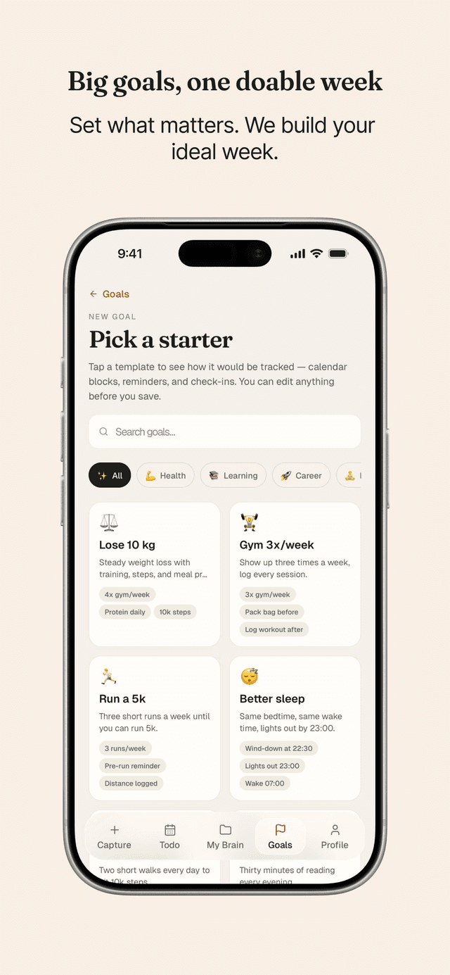 Goal picker with templates for health, learning, and career