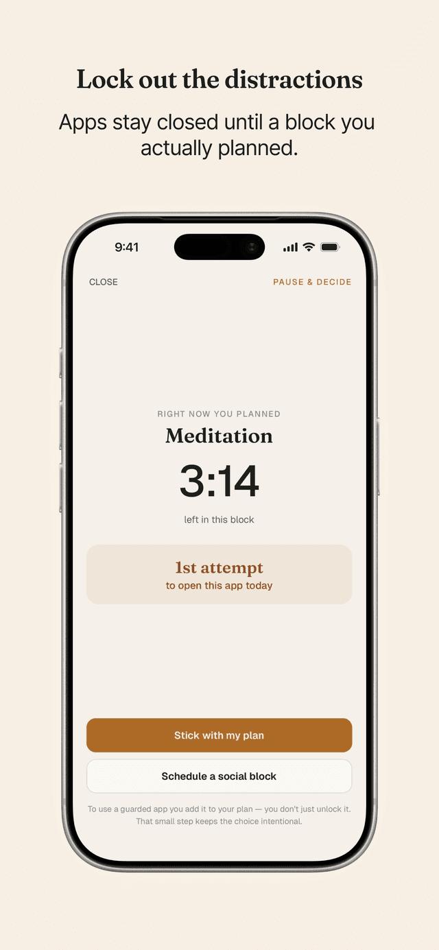 Focus mode showing time remaining in a planned block
